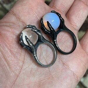 Black and Silver Claw Rings with Crystal Orbs